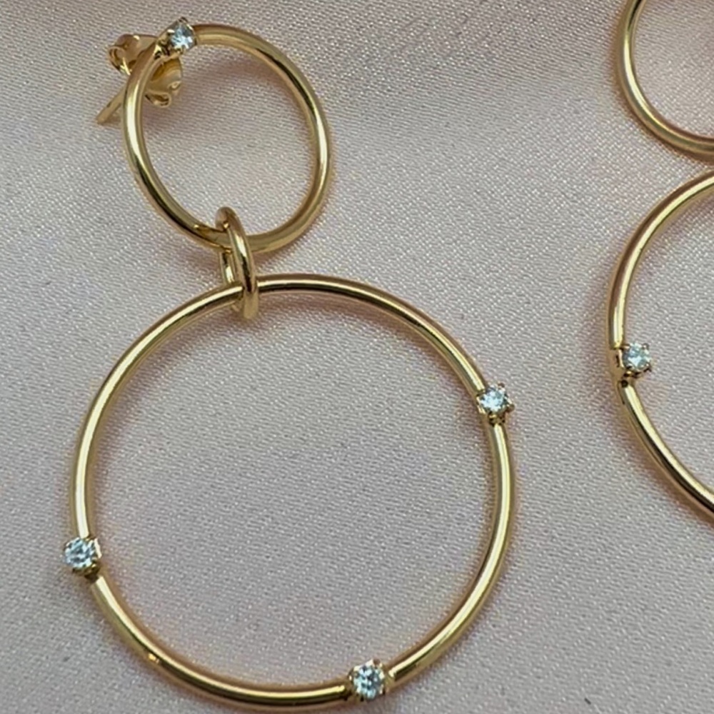 NEW! 18K GOLD FILLED DOUBLE HOOP POST EARRINGS WITH CUBIC ZIRCONIA STONES